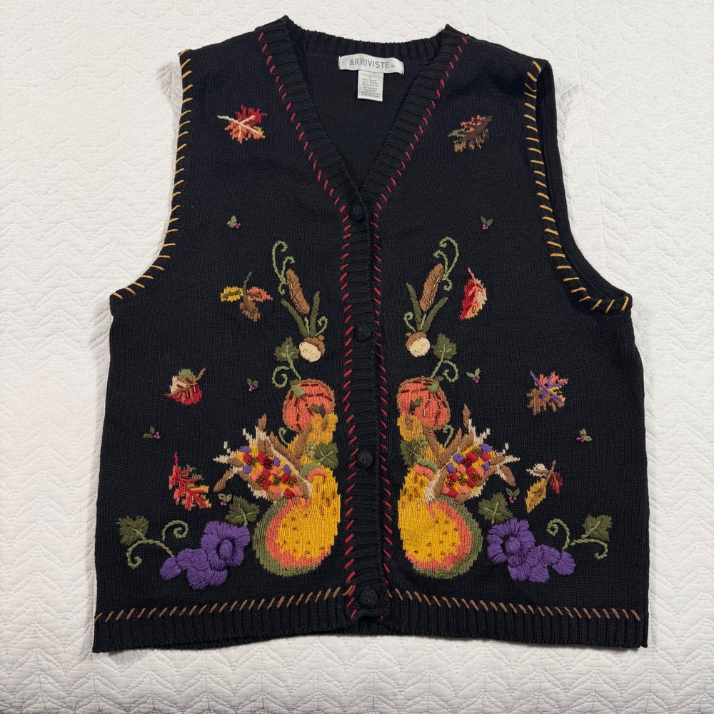 Vtg ARRIVISTE Womens L Black Button Front Sweater‎ Vest Pumpkin Leaf Embroidered